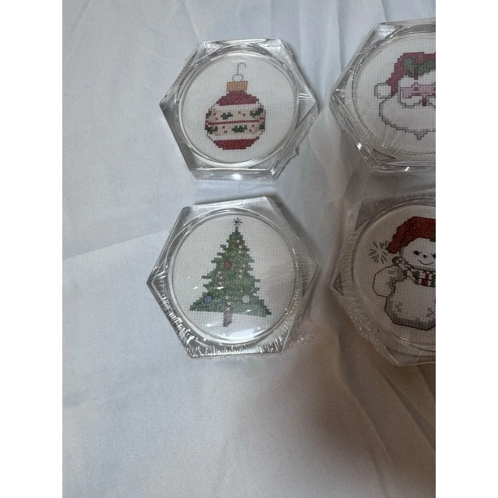 Set of 4 Clear Acrylic Hexagon Christmas Coasters Counted Cross Stitch Vtg New